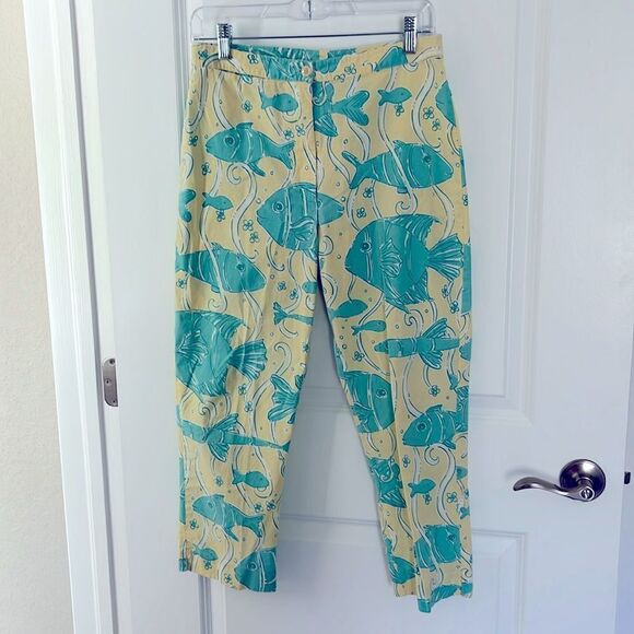 Lilly Pulitzer Palm Beach South Ocean BLVD Aqua and Yellow Fish Cropped Pant - Picture 1 of 7